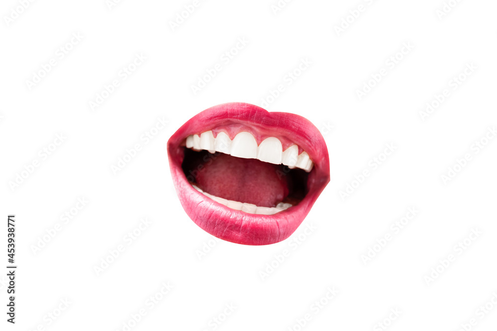Open female mouth with red lips and white teeth painted with lipstick, isolated on white