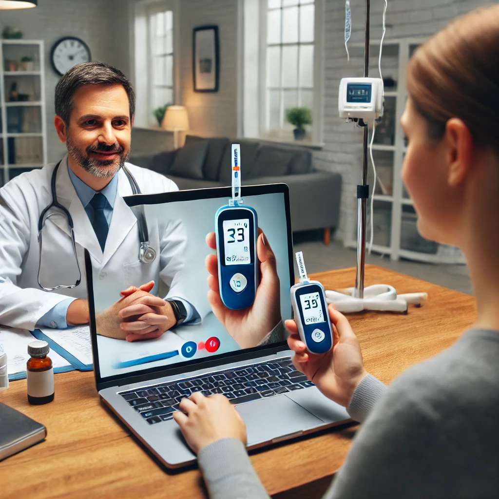 Un medico in un consulto di telemedicina con un paziente diabetico, mostrando un dispositivo di somministrazione dell'insulina sullo schermo.