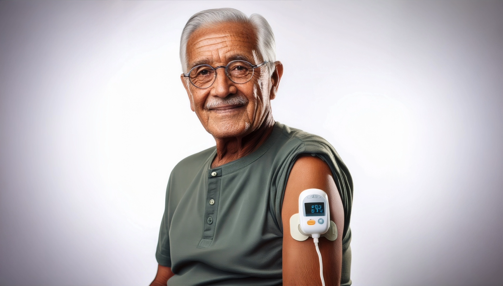 Una persona molto anziana con T1D che indossa microinfusore d'insulina con cgm