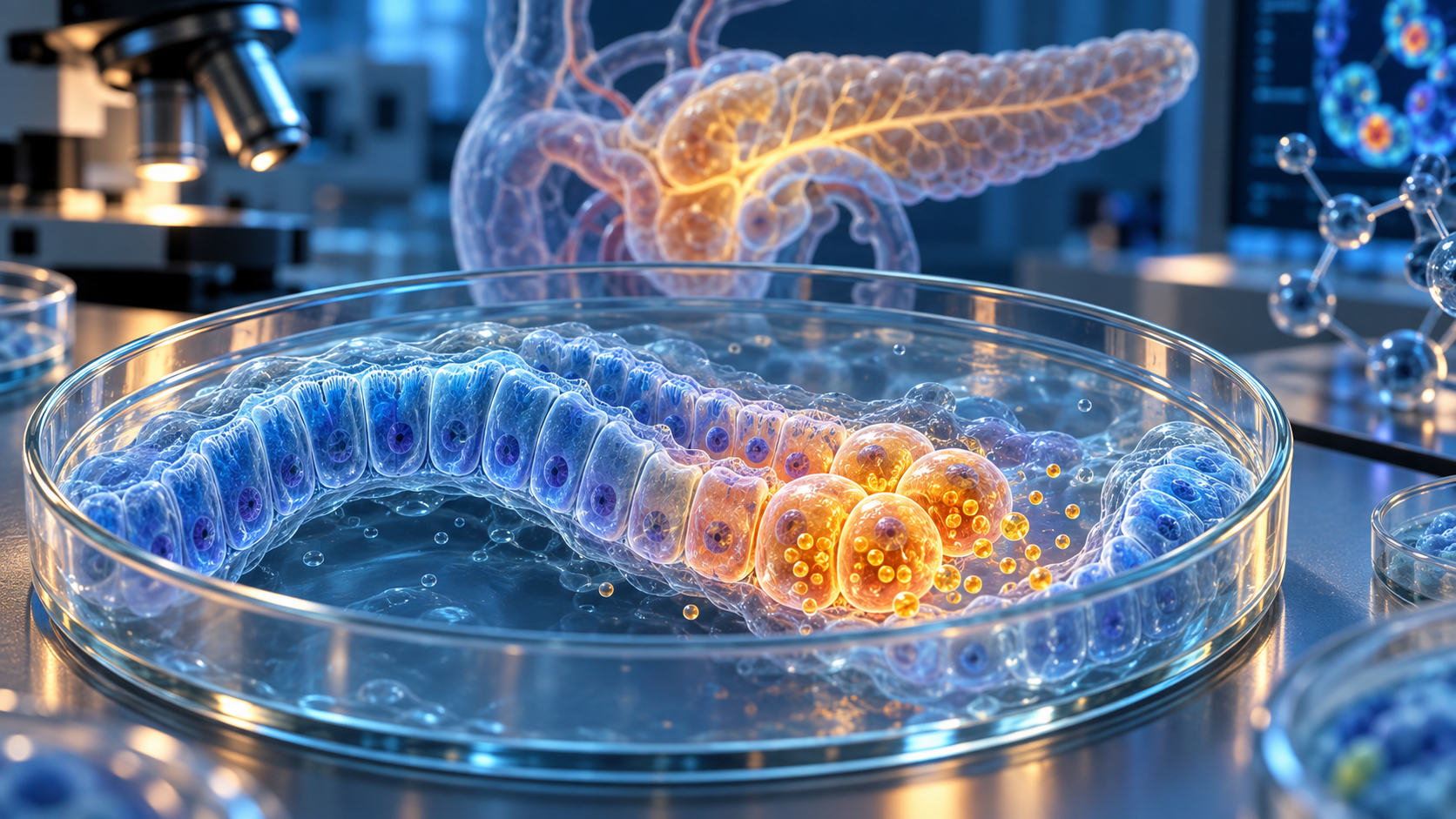 Rappresentazione concettuale della riprogrammazione di cellule pancreatiche in cellule beta-like produttrici di insulina.