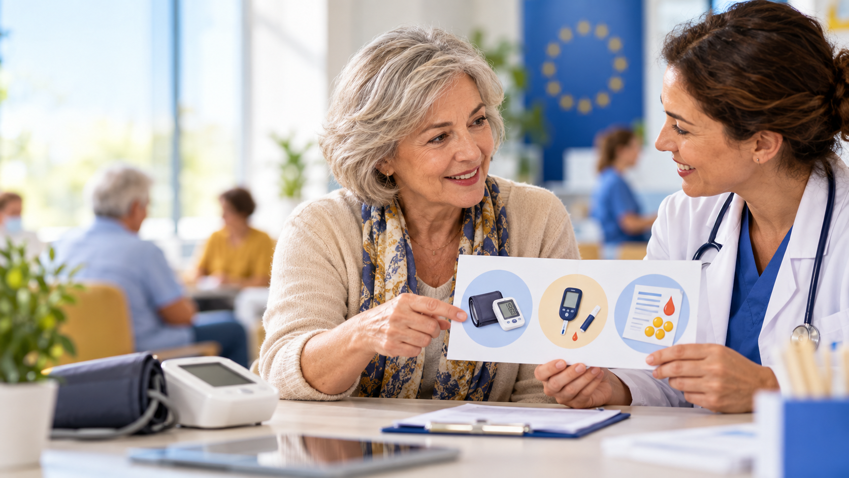 Una donna consulta una professionista sanitaria sui controlli di pressione arteriosa, glicemia e colesterolo durante la Settimana europea dello screening