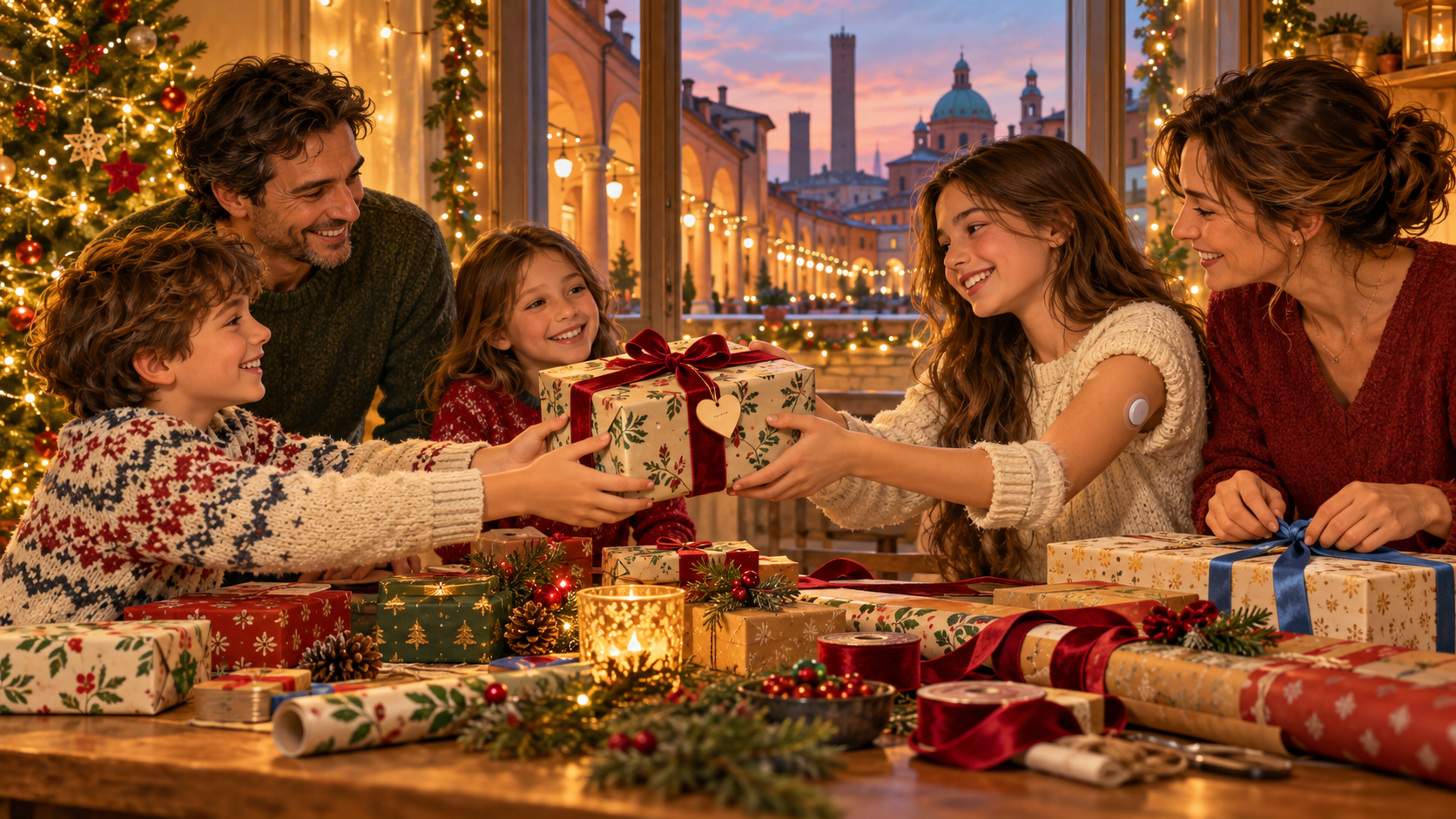 Famiglia che scambia regali di Natale, con una ragazza che indossa un sensore glicemico e Bologna sullo sfondo.