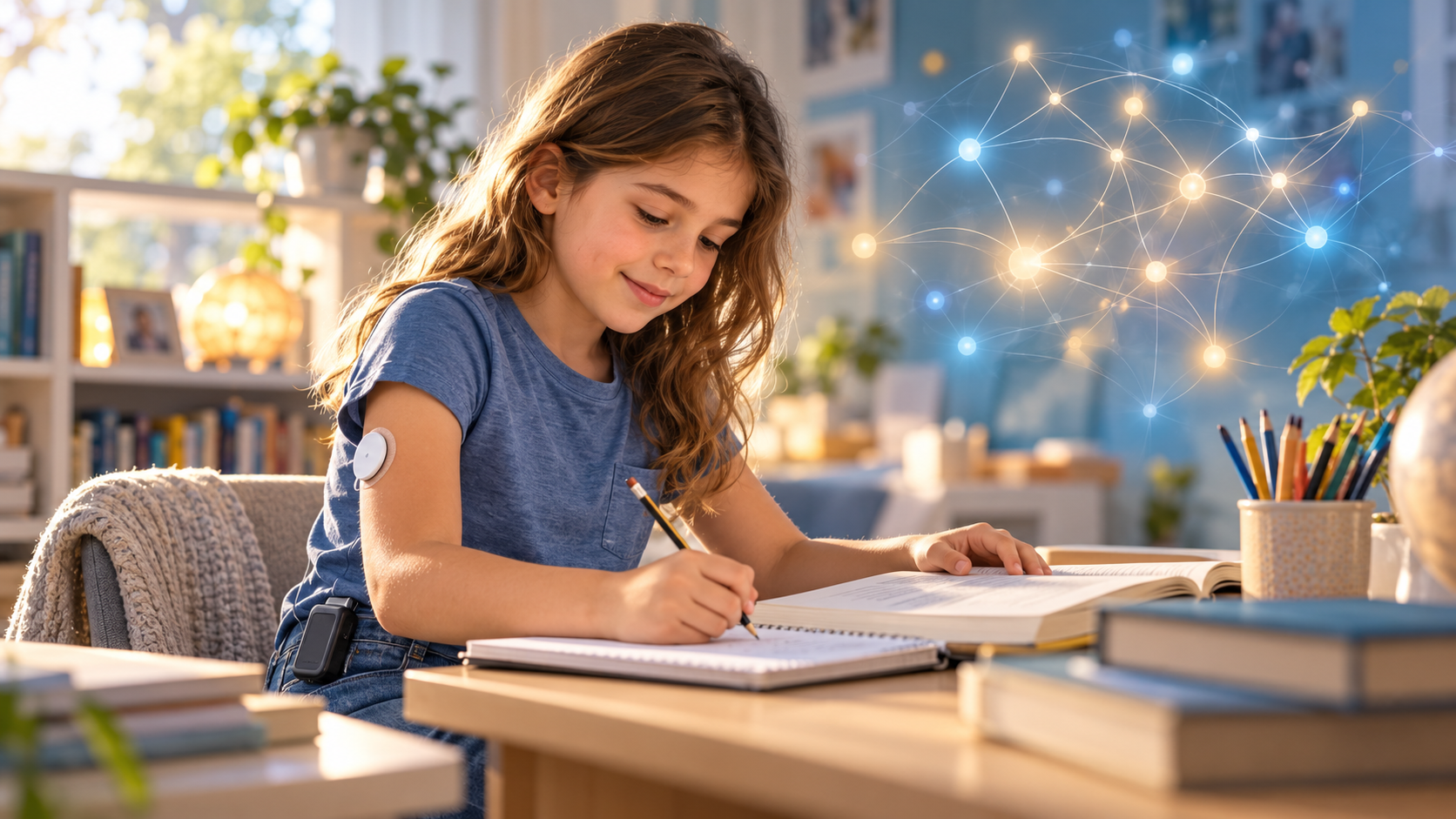 Bambina con sensore CGM e microinfusore intenta a studiare, con una rete luminosa simbolica che richiama l’apprendimento.